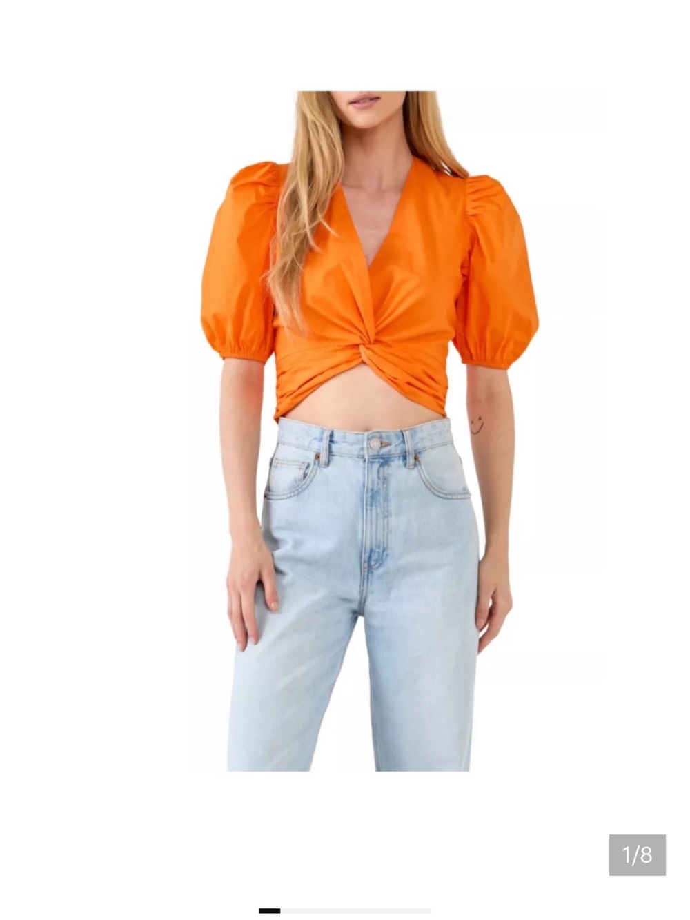 English Factory Orange Twist-Front Puff Sleeve Crop Top